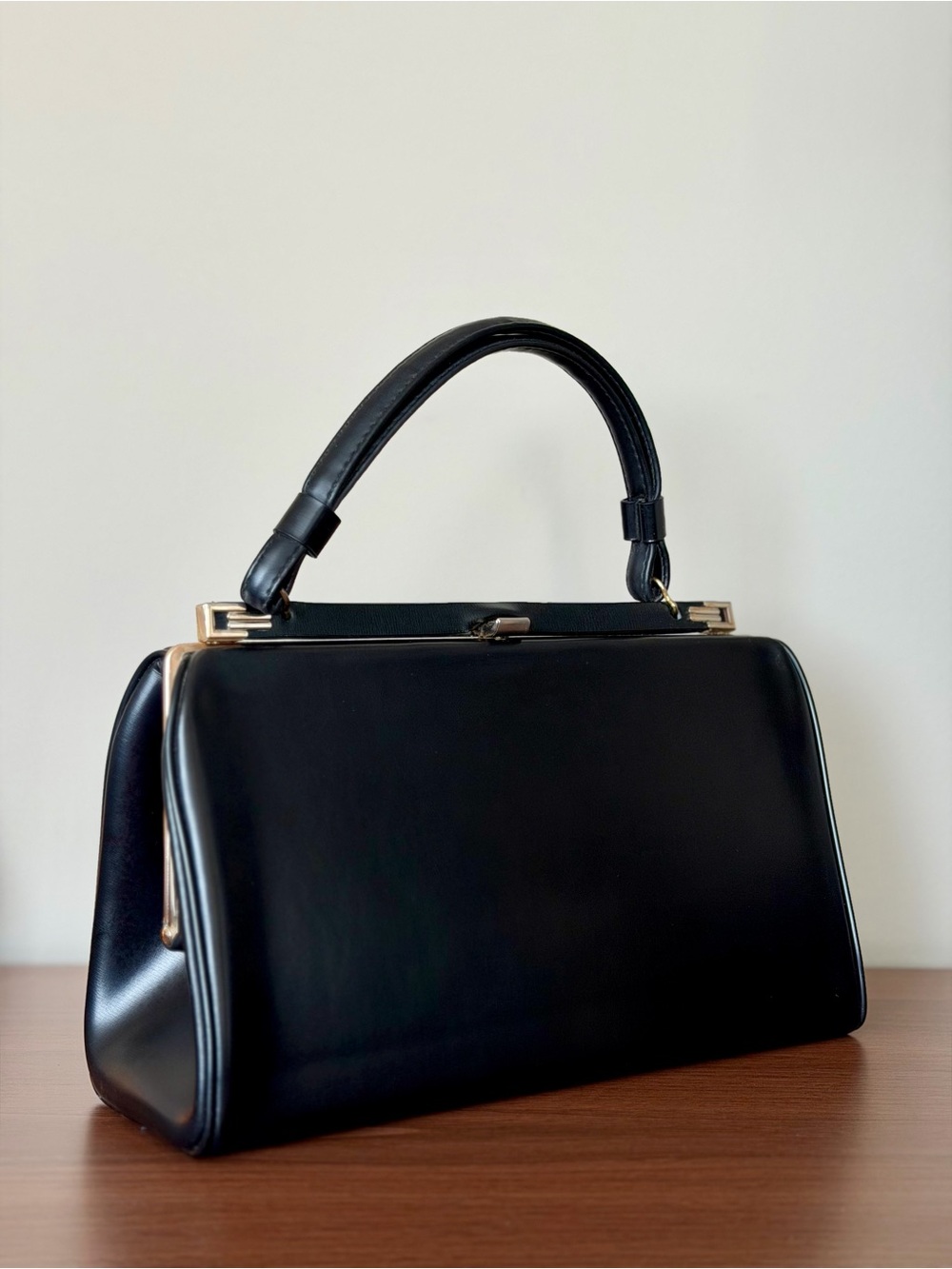 Vintage Black Structured Frame Top Handle Handbag Gold Tone Mod